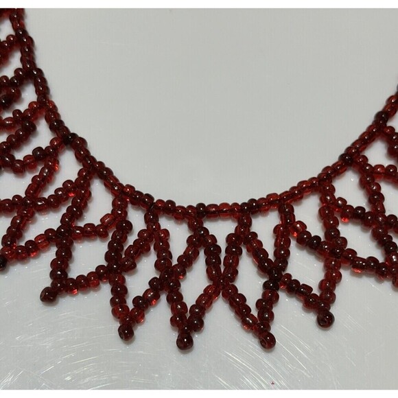 Red Glass Seed Bead Bib Choker Necklace Statement Vintage Regency Romantic Goth - Picture 3 of 8